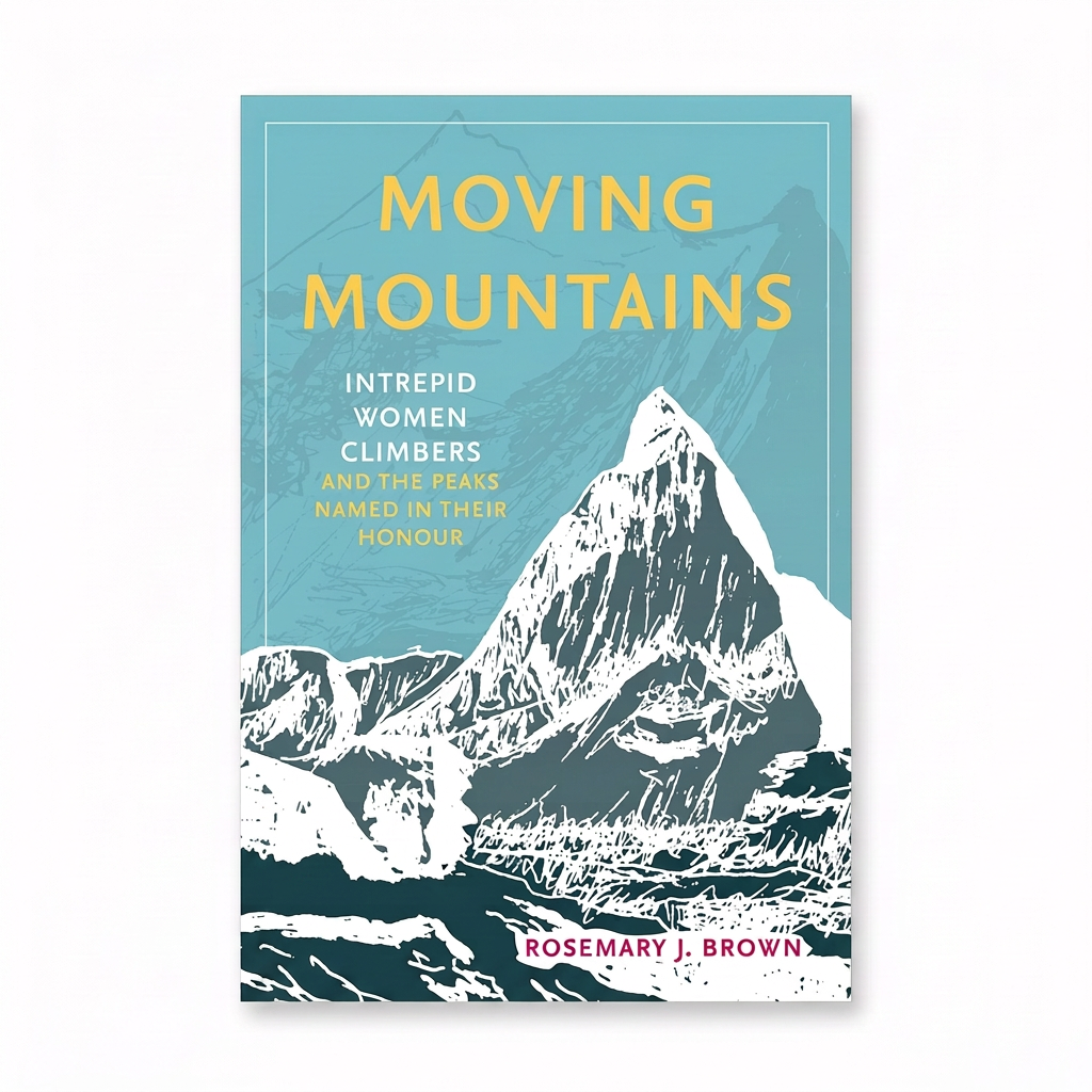 Book cover for 'Moving Mountains' by Rosemary J. Brown, featuring a stylized graphic illustration of mountain peaks in teal, white, and dark blue-gray with yellow and pink text.