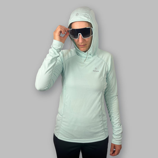 Women's Soltera Hoody in glacial green, front view with the hood up