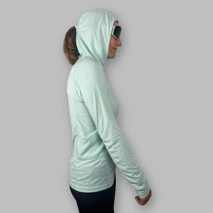 Women's Soltera Hoody in glacial green, side view with the hood up