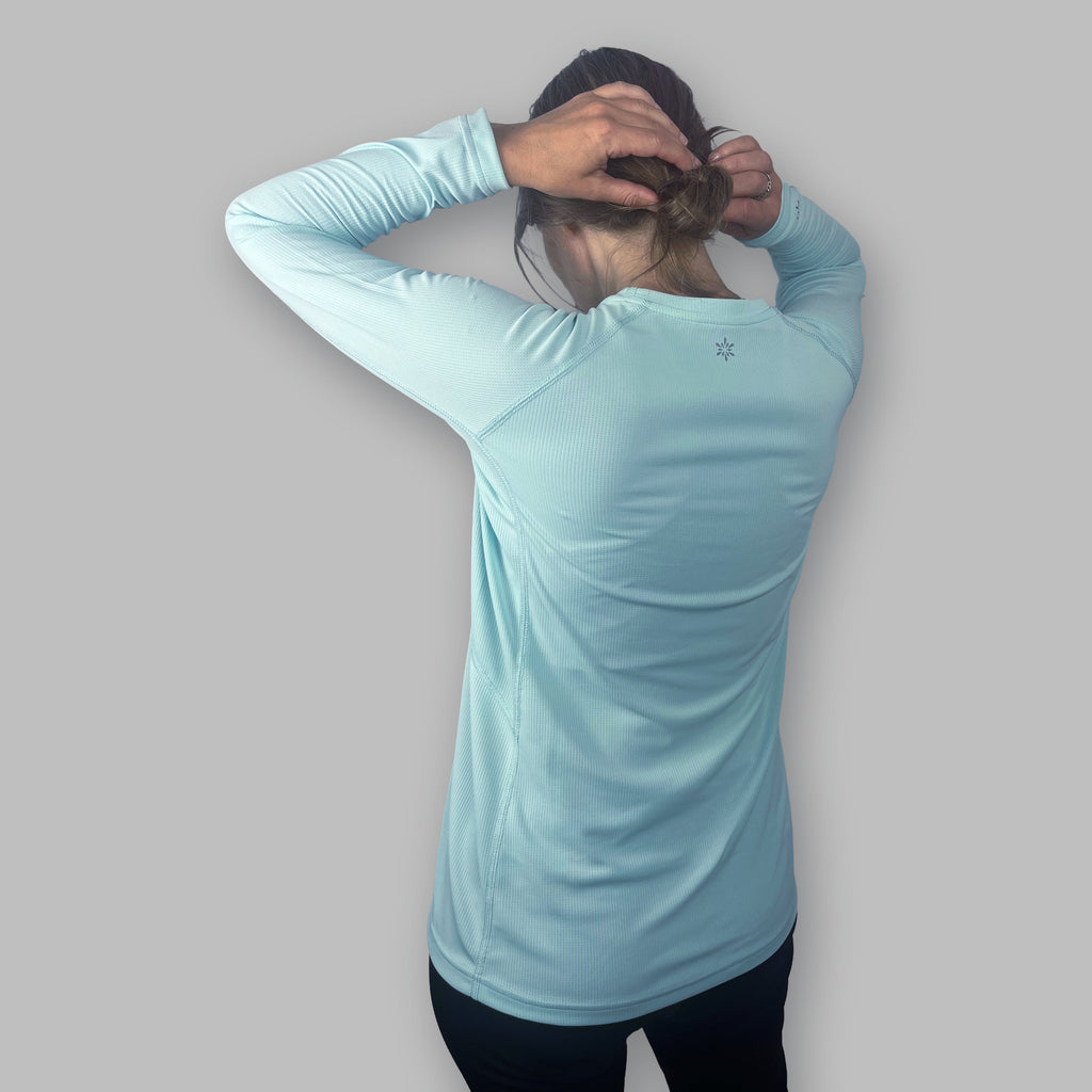 Women's Soltera Long Sleeve Crew in glacial green, back view
