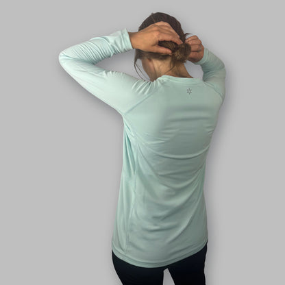 Women's Soltera Long Sleeve Crew in glacial green, back view
